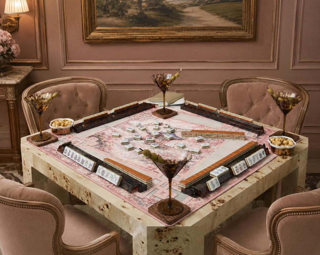 HEAVENLY PAVILION Pink Mahjong Mat — Table Game Mat, American Mahjong Accessories, Mahjong Gift, Floral Mahjong Table Mat