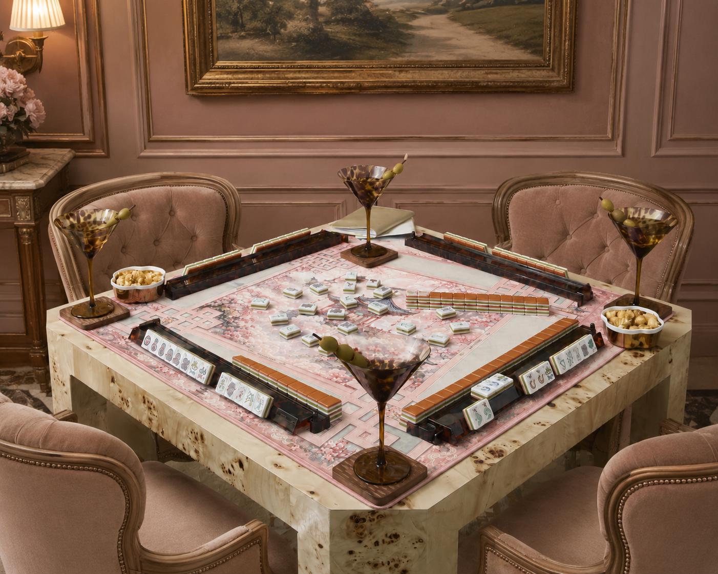 HEAVENLY PAVILION Pink Mahjong Mat — Table Game Mat, American Mahjong Accessories, Mahjong Gift, Floral Mahjong Table Mat