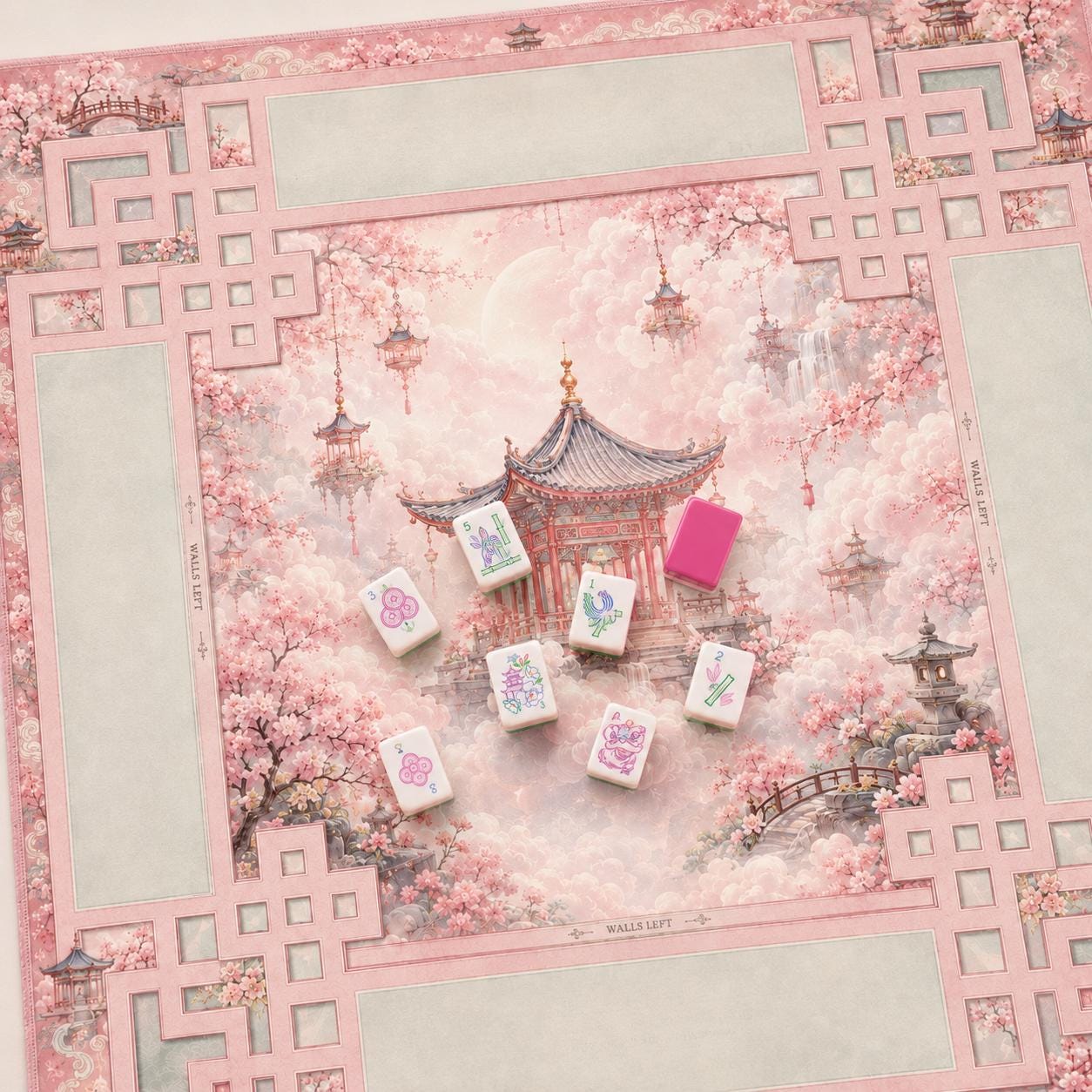 HEAVENLY PAVILION Pink Mahjong Mat — American Mahjong Accessories, Mahjong Gift, Table Game Mat, Floral Mahjong Table Mat