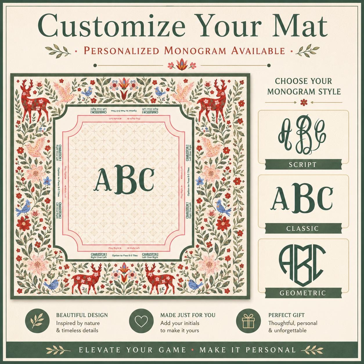 THE RED STAG Folk Art Floral Mahjong Mat — Holiday Game Night Tile Table Mat, American Mahjong Gift, Mahjong Accessories, Red Ivory Mat