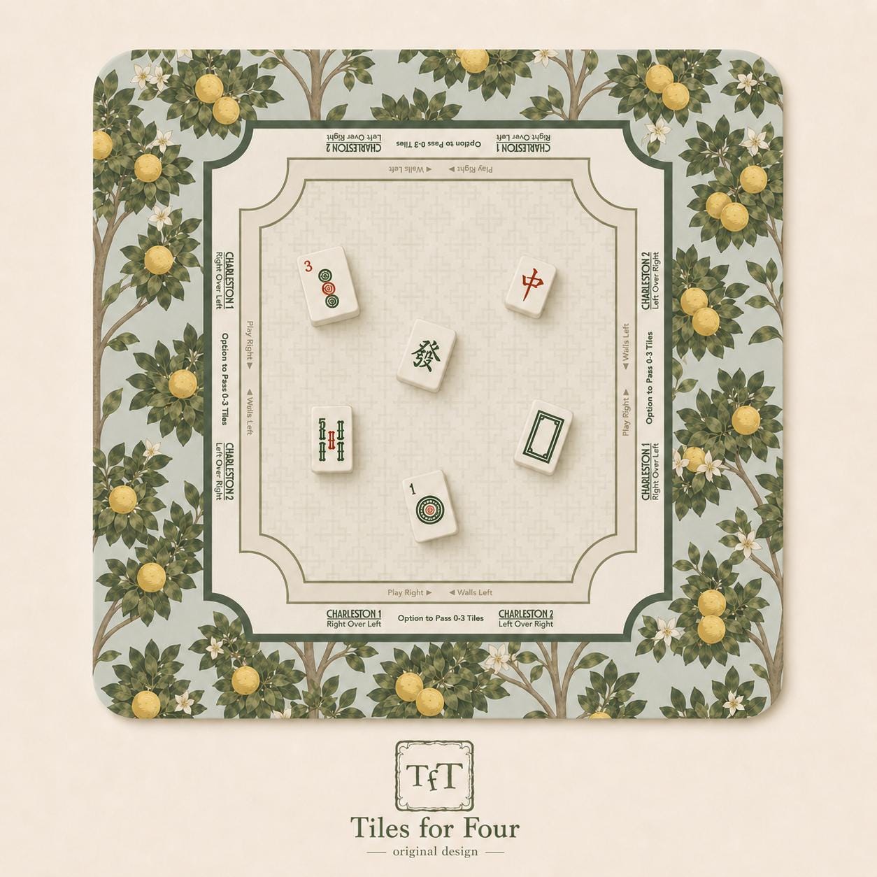 THE ORANGE GROVE Botanical Mahjong Mat — Arts & Crafts Game Night Tile Table Mat, American Mahjong Gift, Mahjong Accessories, Green Gold Mat