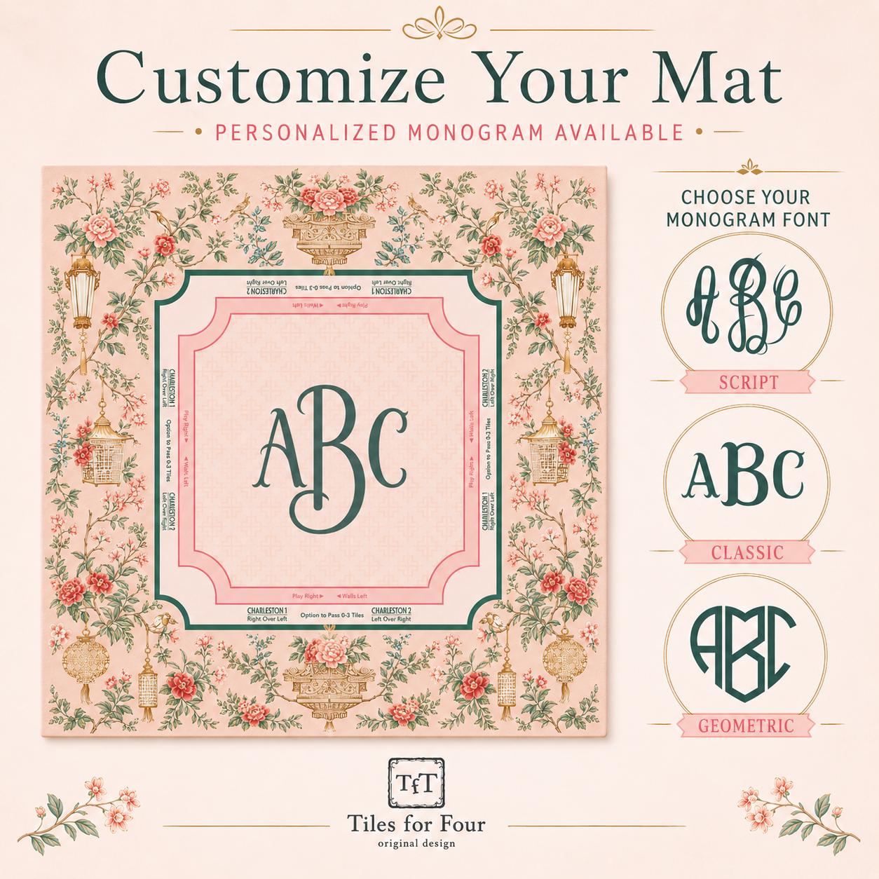 THE LANTERN GARDEN Pink Chinoiserie Mahjong Mat — Preppy Floral Game Night Tile Table Mat, American Mahjong Gift, Mahjong Accessories