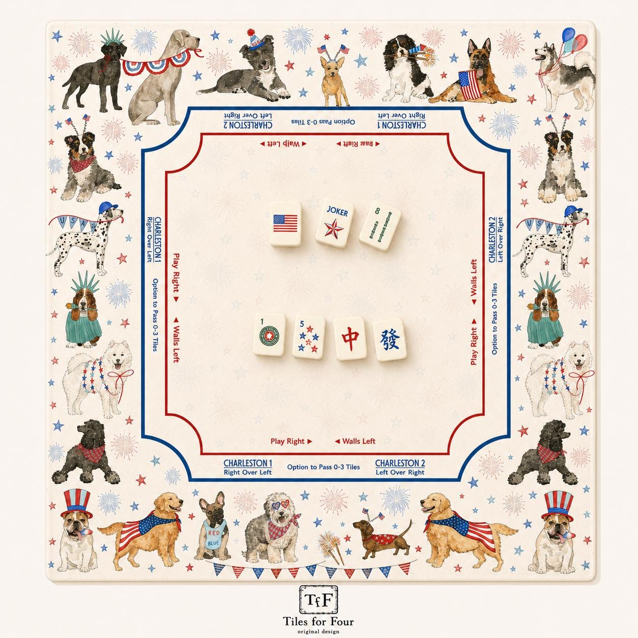 THE PATRIOT PUPS Dog Mahjong Mat — 4th of July Game Night Tile Table Mat, American Mahjong Gift, Mahjong Accessories, Dog Lover Mat