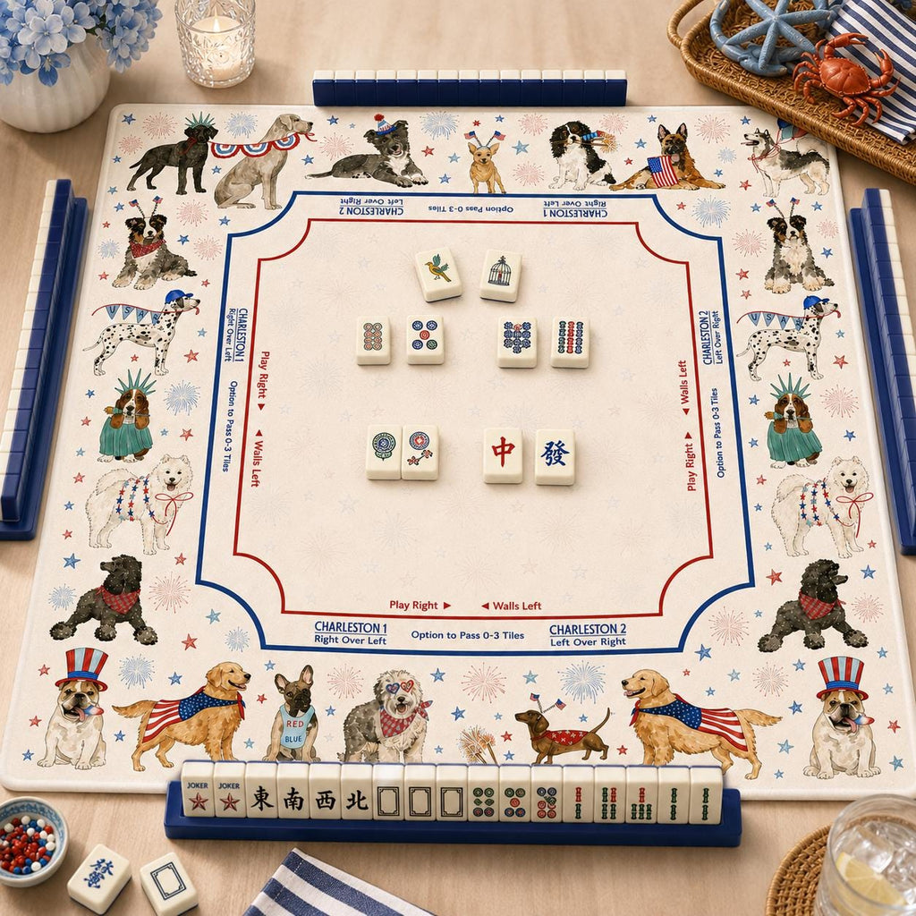THE PATRIOT PUPS Dog Mahjong Mat — 4th of July Game Night Tile Table Mat, American Mahjong Gift, Mahjong Accessories, Dog Lover Mat