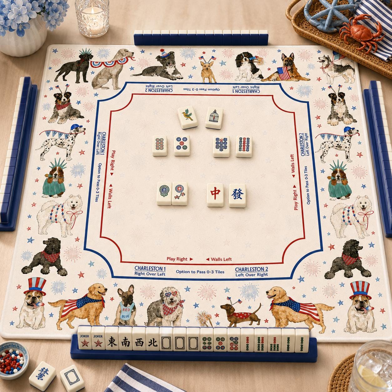 THE PATRIOT PUPS Dog Mahjong Mat — 4th of July Game Night Tile Table Mat, American Mahjong Gift, Mahjong Accessories, Dog Lover Mat