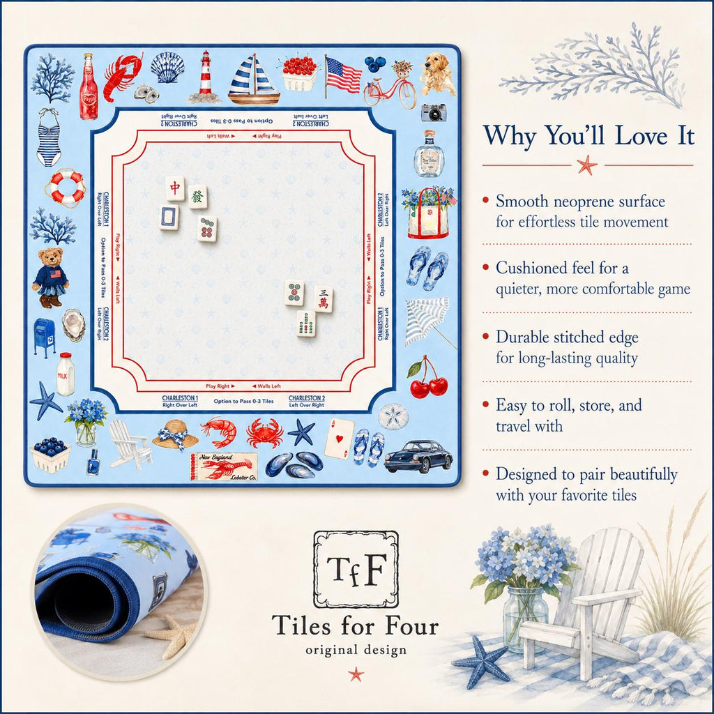 THE NEWPORT COLLECTION Preppy Coastal Mahjong Mat — Old Money Game Night Tile Table Mat, Mahjong Gift, Mahjong Accessories, Blue Summer Mat