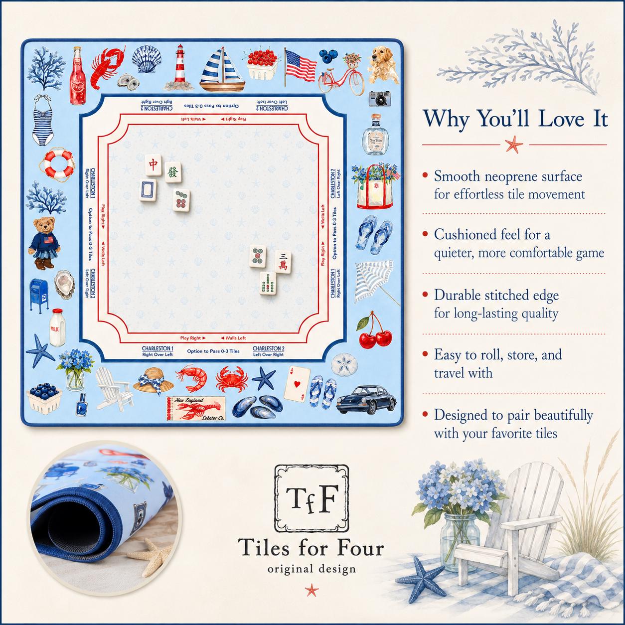THE NEWPORT COLLECTION Preppy Coastal Mahjong Mat — Old Money Game Night Tile Table Mat, Mahjong Gift, Mahjong Accessories, Blue Summer Mat
