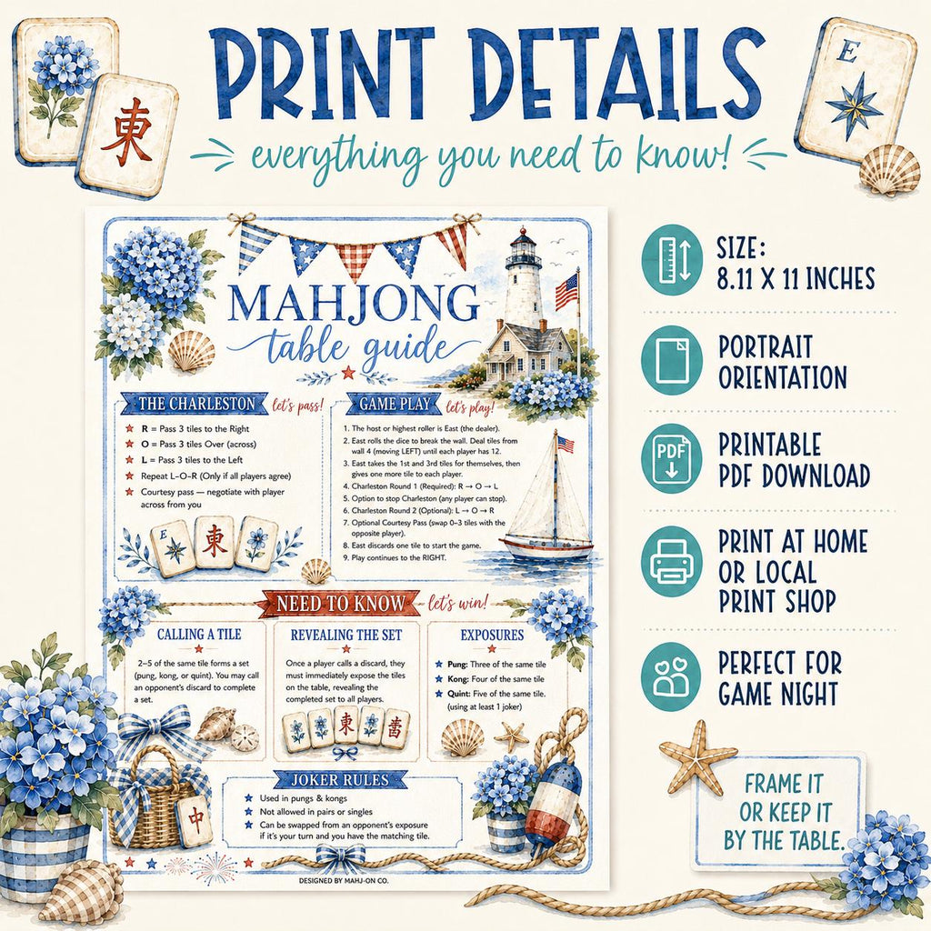 Mahjong Table Guide, 4th of July Mahjong Card, Patriotic Mahjong Card, Preppy Coastal Summer, Beginner Cheat Sheet, Printable PDF Download