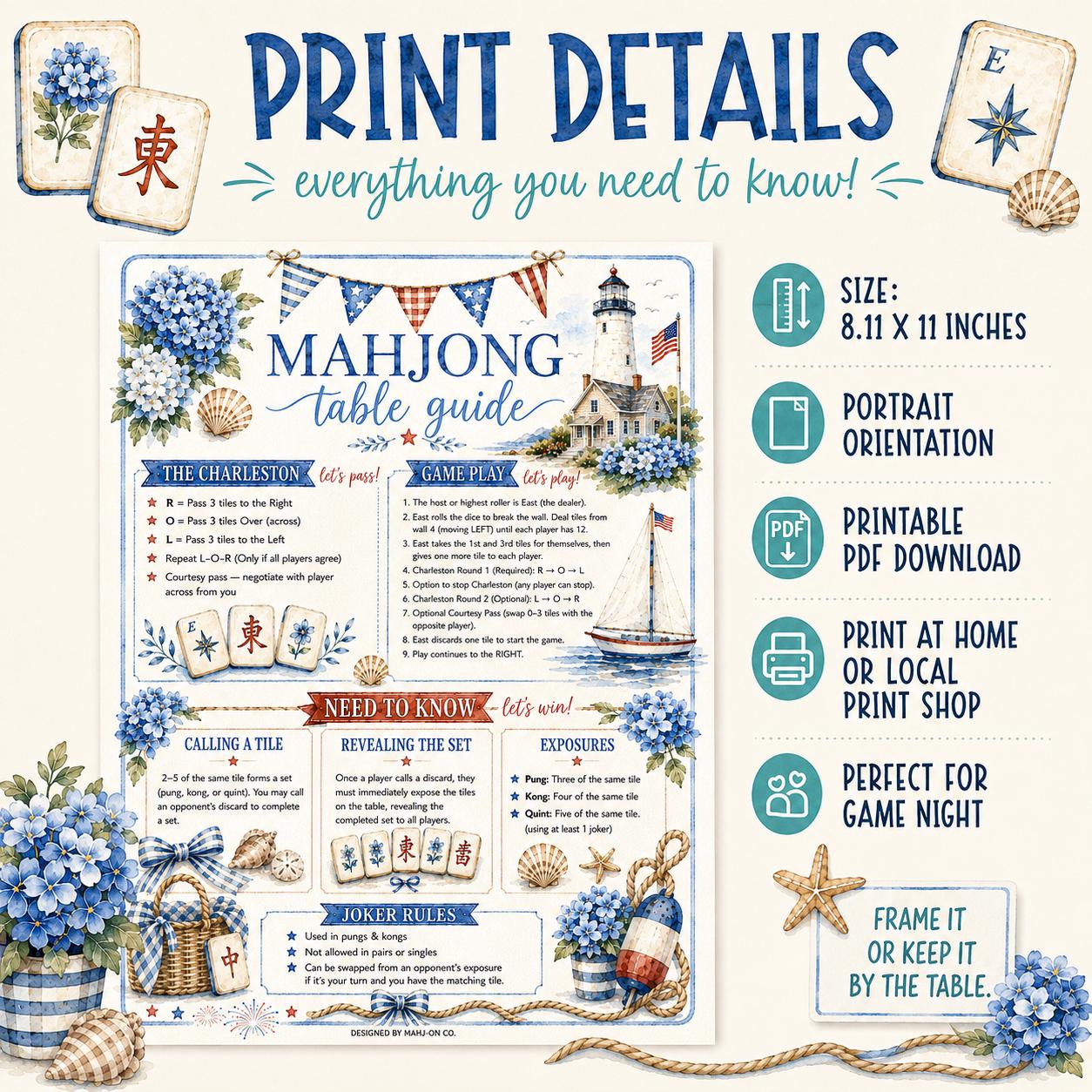 Mahjong Table Guide, 4th of July Mahjong Card, Patriotic Mahjong Card, Preppy Coastal Summer, Beginner Cheat Sheet, Printable PDF Download