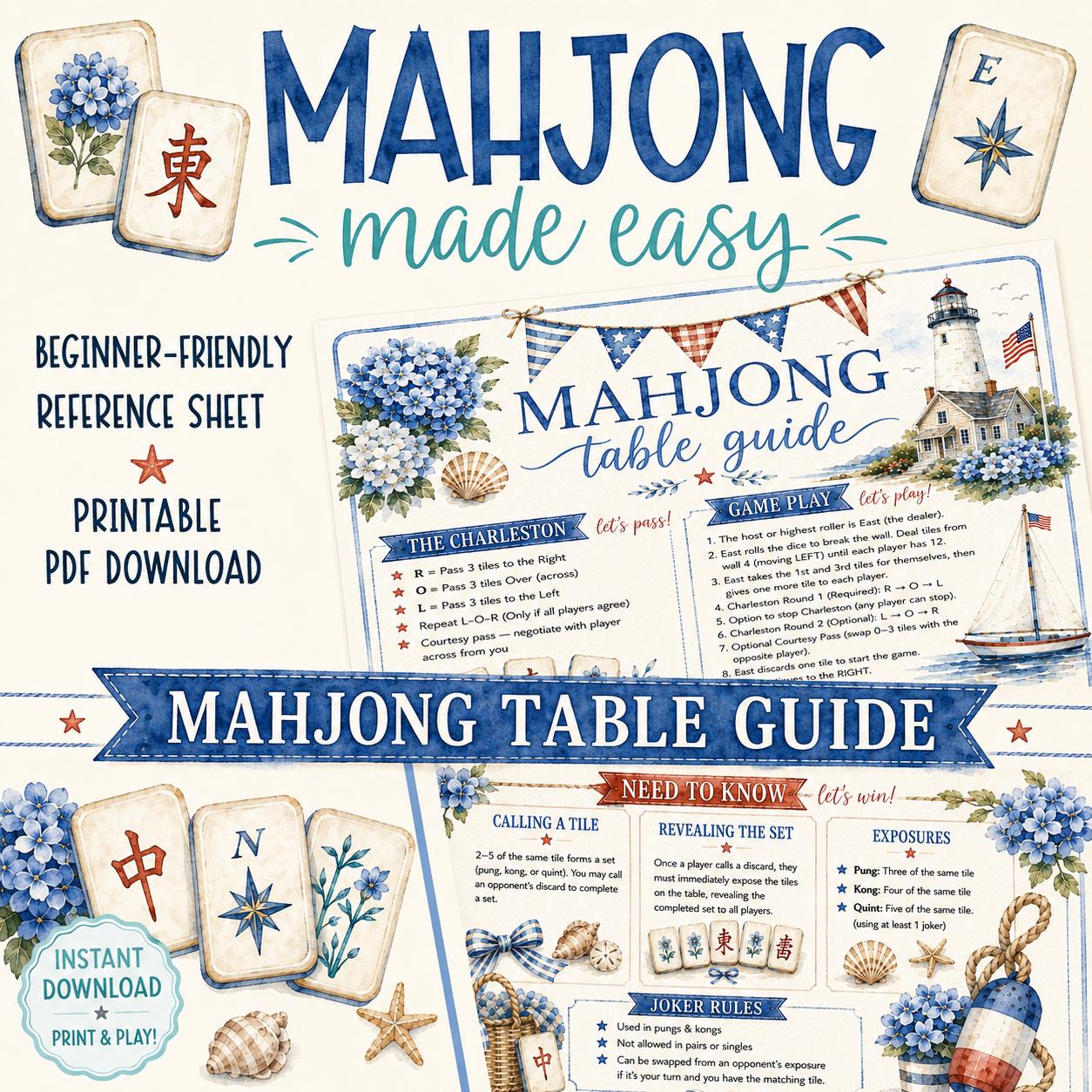 Mahjong Table Guide, 4th of July Mahjong Card, Patriotic Mahjong Card, Preppy Coastal Summer, Beginner Cheat Sheet, Printable PDF Download