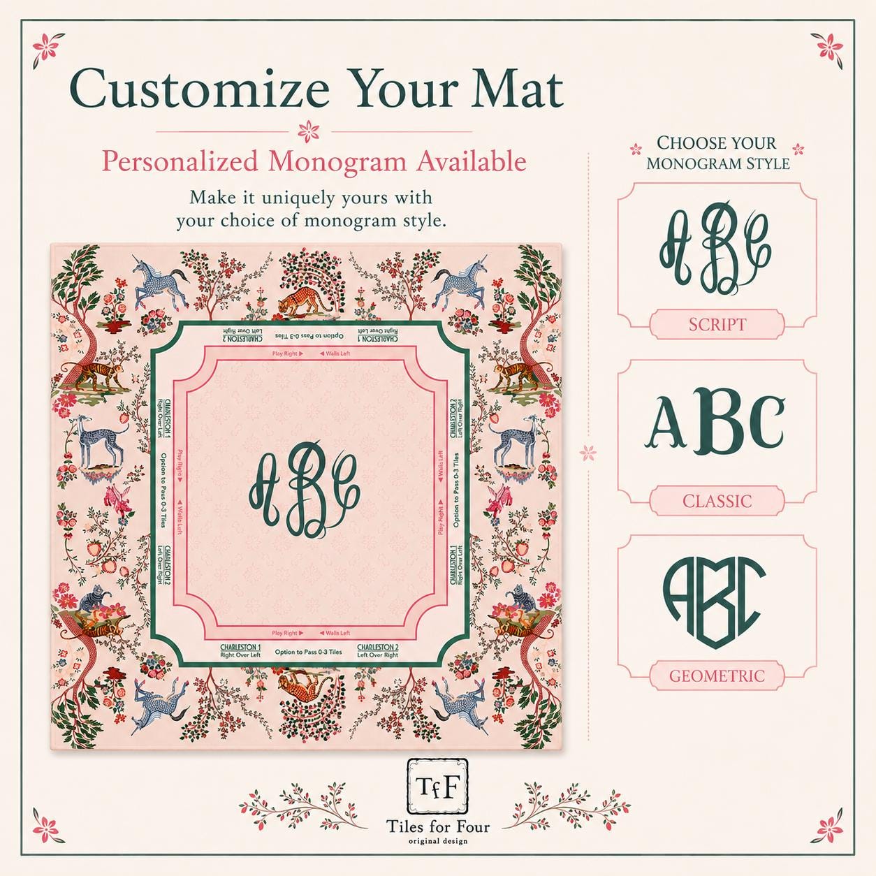 THE ENCHANTED MENAGERIE Floral Mahjong Mat — Folk Art Game Night Tile Table Mat, American Mahjong Gift, Mahjong Accessories, Blush Pink Mat
