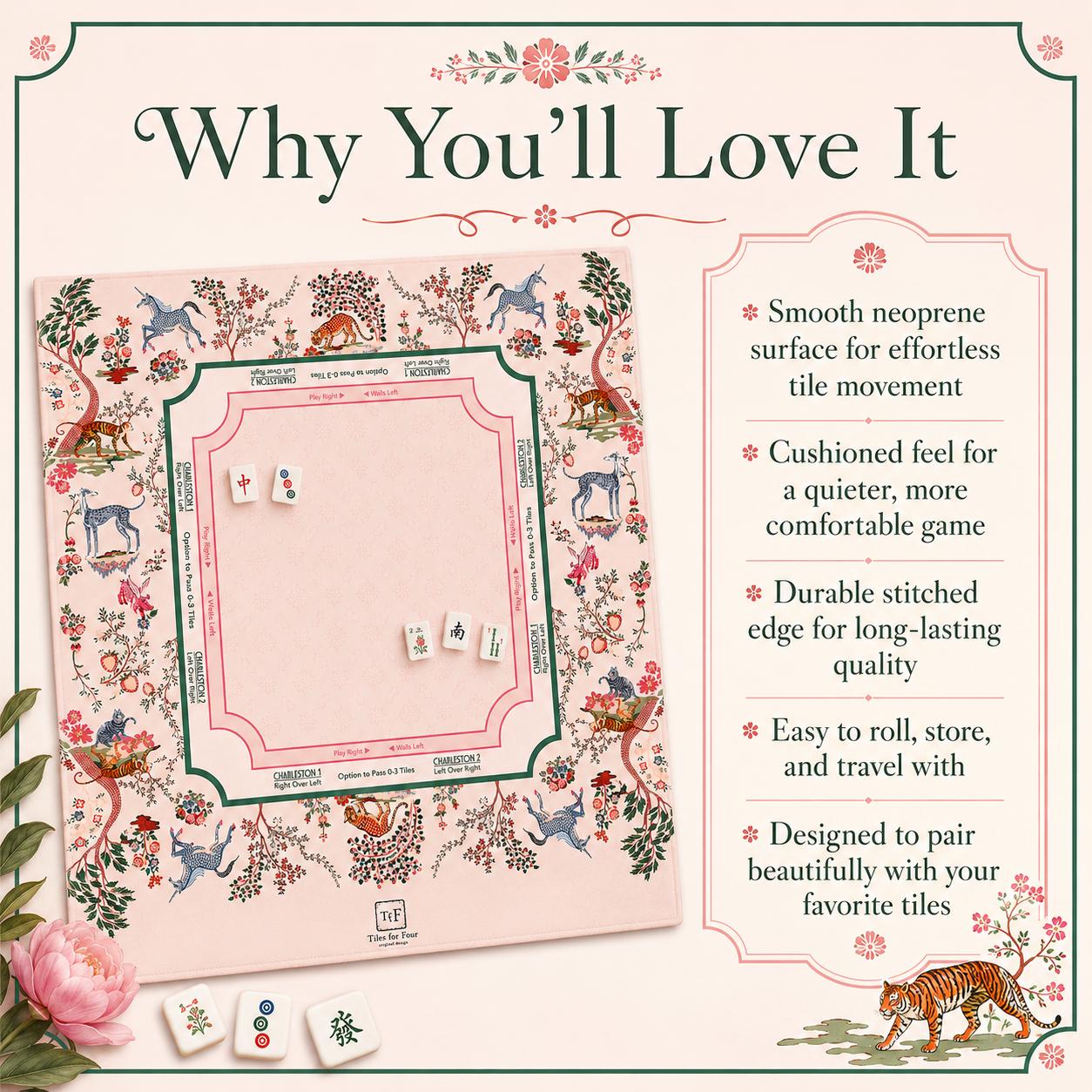 THE ENCHANTED MENAGERIE Floral Mahjong Mat — Folk Art Game Night Tile Table Mat, American Mahjong Gift, Mahjong Accessories, Blush Pink Mat
