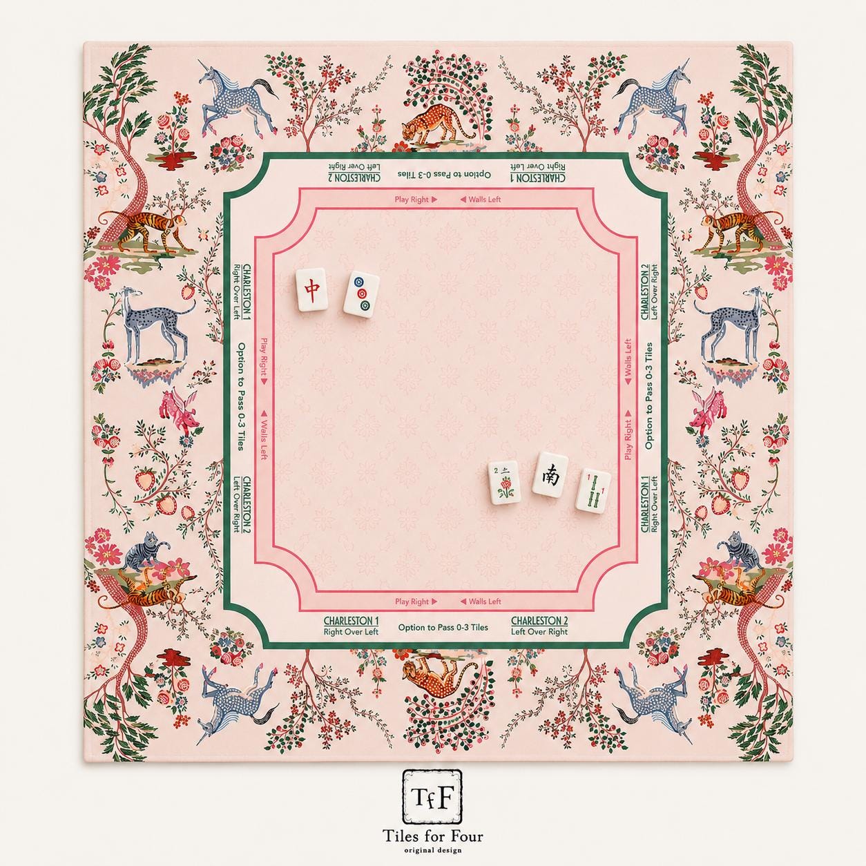 THE ENCHANTED MENAGERIE Floral Mahjong Mat — Folk Art Game Night Tile Table Mat, American Mahjong Gift, Mahjong Accessories, Blush Pink Mat