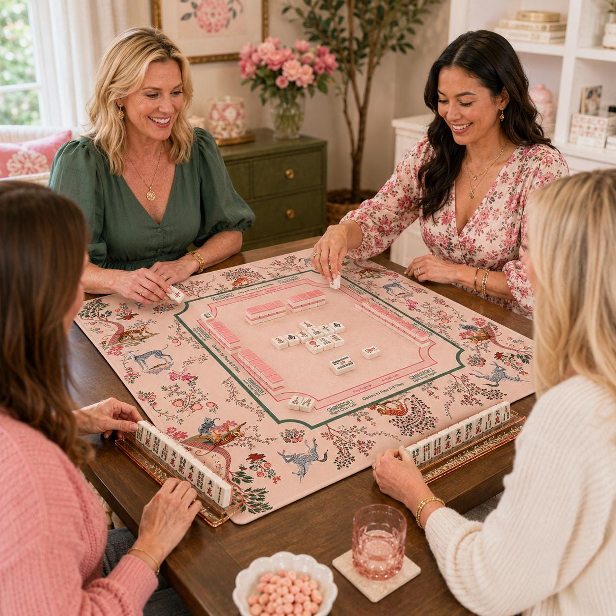 THE ENCHANTED MENAGERIE Floral Mahjong Mat — Folk Art Game Night Tile Table Mat, American Mahjong Gift, Mahjong Accessories, Blush Pink Mat