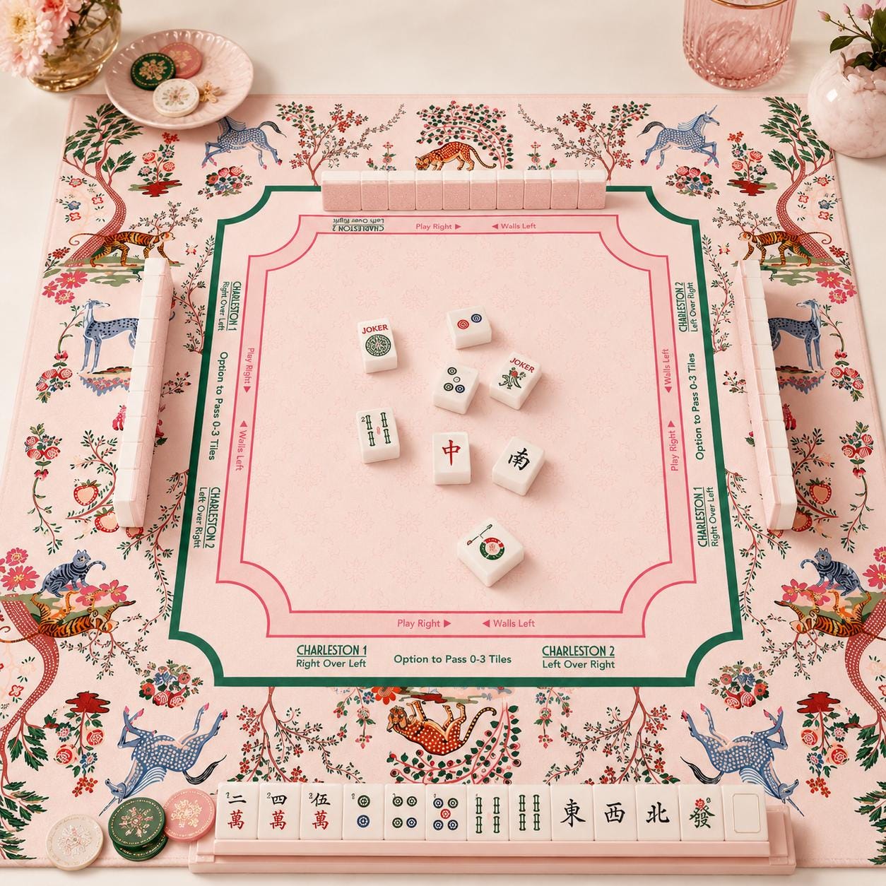 THE ENCHANTED MENAGERIE Floral Mahjong Mat — Folk Art Game Night Tile Table Mat, American Mahjong Gift, Mahjong Accessories, Blush Pink Mat