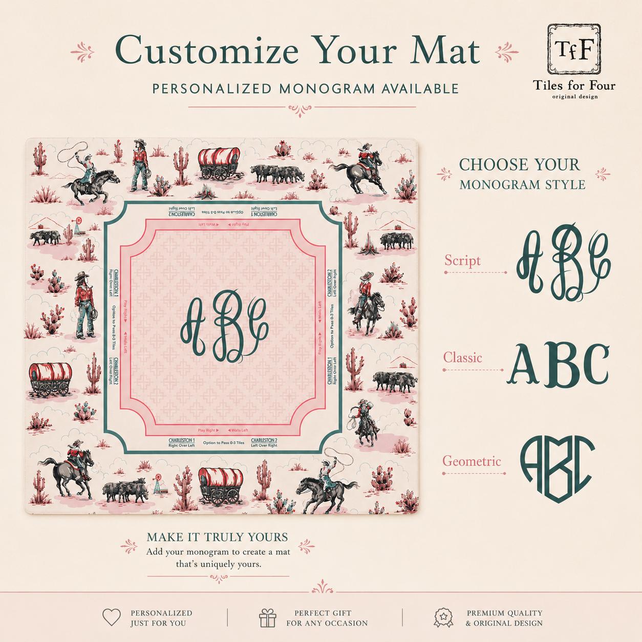 THE COWGIRL TOILE Western Mahjong Mat — Preppy Pink Game Night Tile Table Mat, American Mahjong Gift, Mahjong Accessories, Ivory Pink Mat