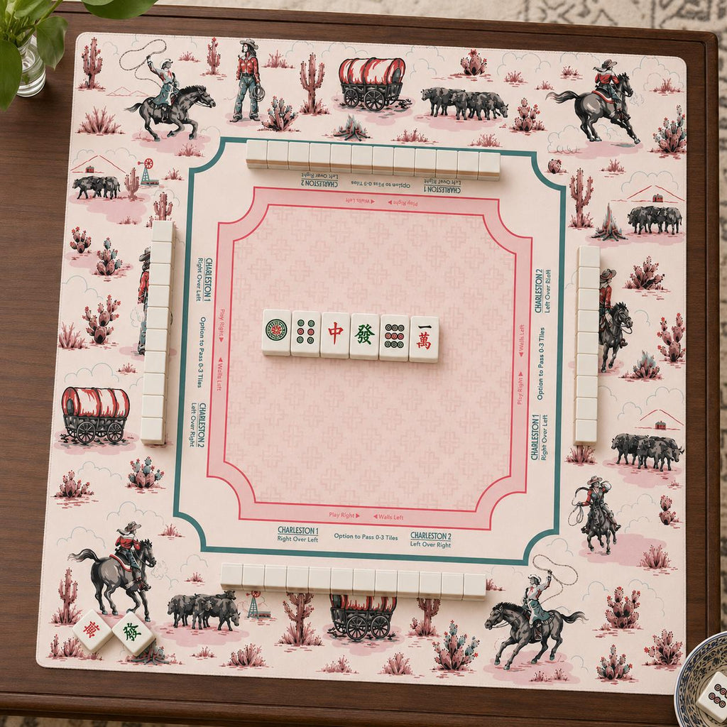 THE COWGIRL TOILE Western Mahjong Mat — Preppy Pink Game Night Tile Table Mat, American Mahjong Gift, Mahjong Accessories, Ivory Pink Mat