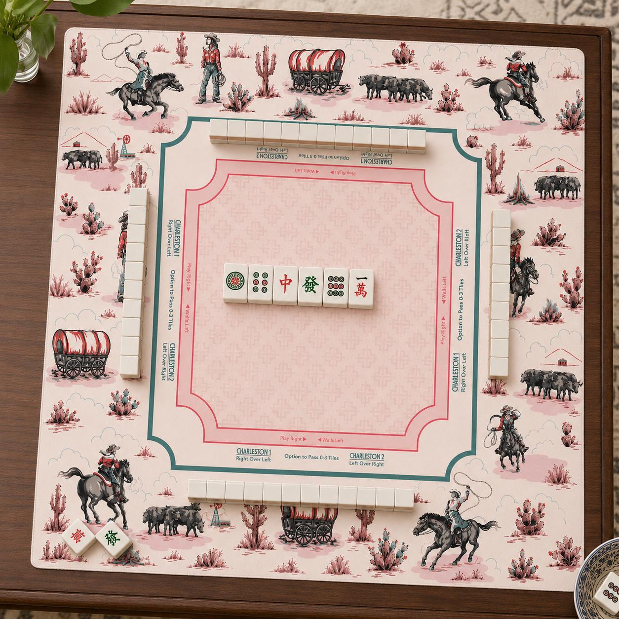 THE COWGIRL TOILE Western Mahjong Mat — Preppy Pink Game Night Tile Table Mat, American Mahjong Gift, Mahjong Accessories, Ivory Pink Mat