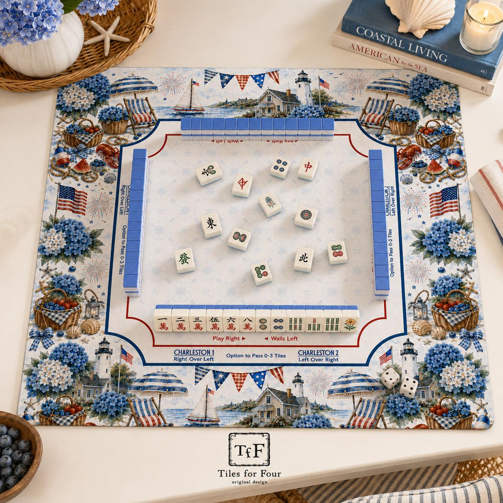 THE NANTUCKET SUMMER Preppy Coastal Mahjong Mat — 4th of July Game Night Table Mat, Mahjong Gift, Mahjong Accessories, Red White Blue Mat