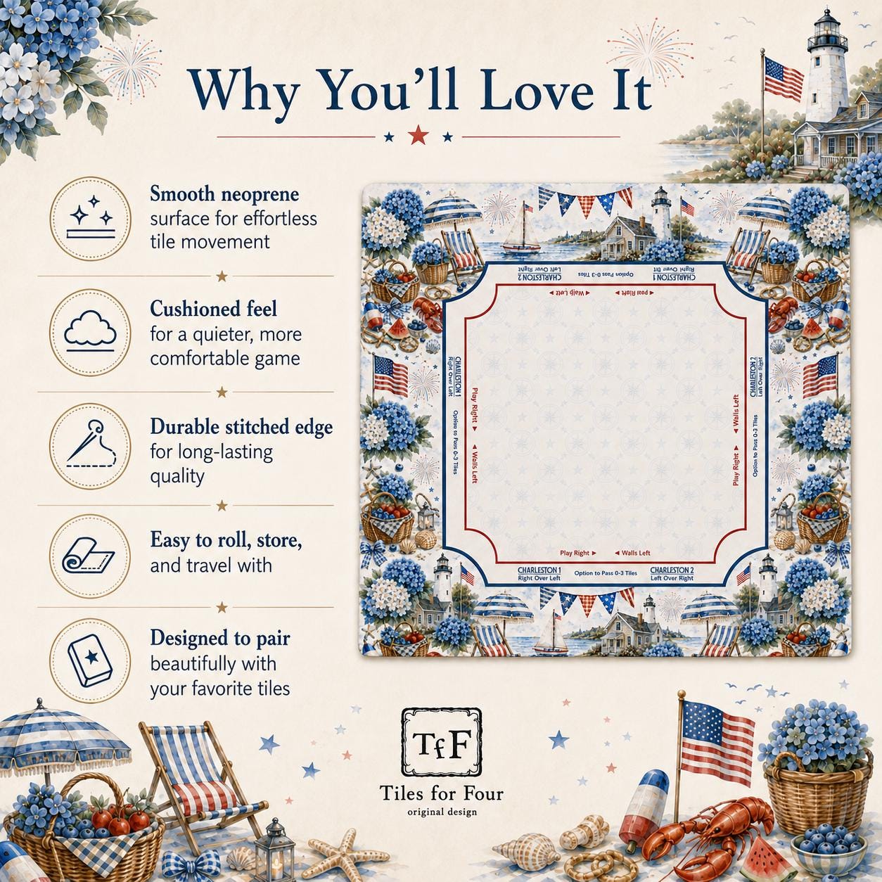 THE NANTUCKET SUMMER Preppy Coastal Mahjong Mat — 4th of July Game Night Table Mat, Mahjong Gift, Mahjong Accessories, Red White Blue Mat
