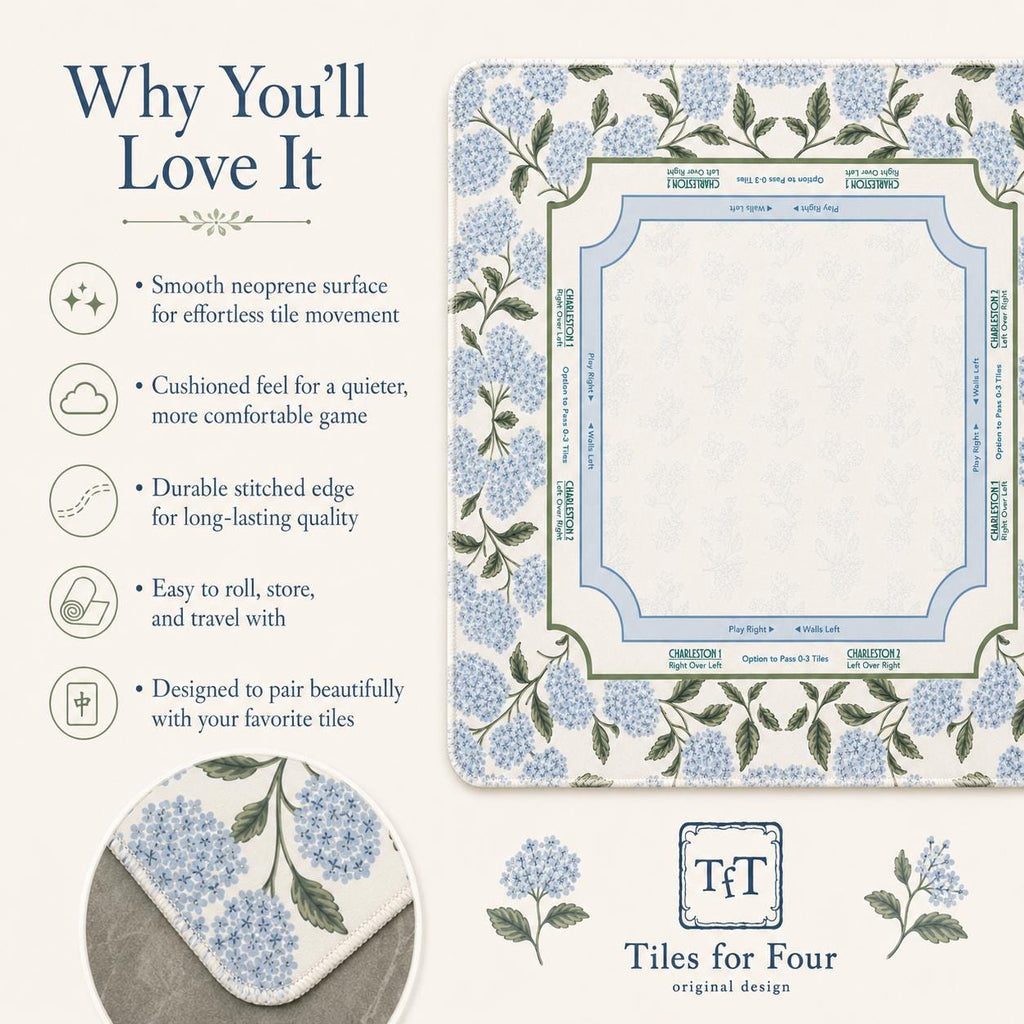THE HYDRANGEA GARDEN Preppy Floral Mahjong Mat — Blue White Game Night Tile Table Mat, American Mahjong Gift, Mahjong Accessories
