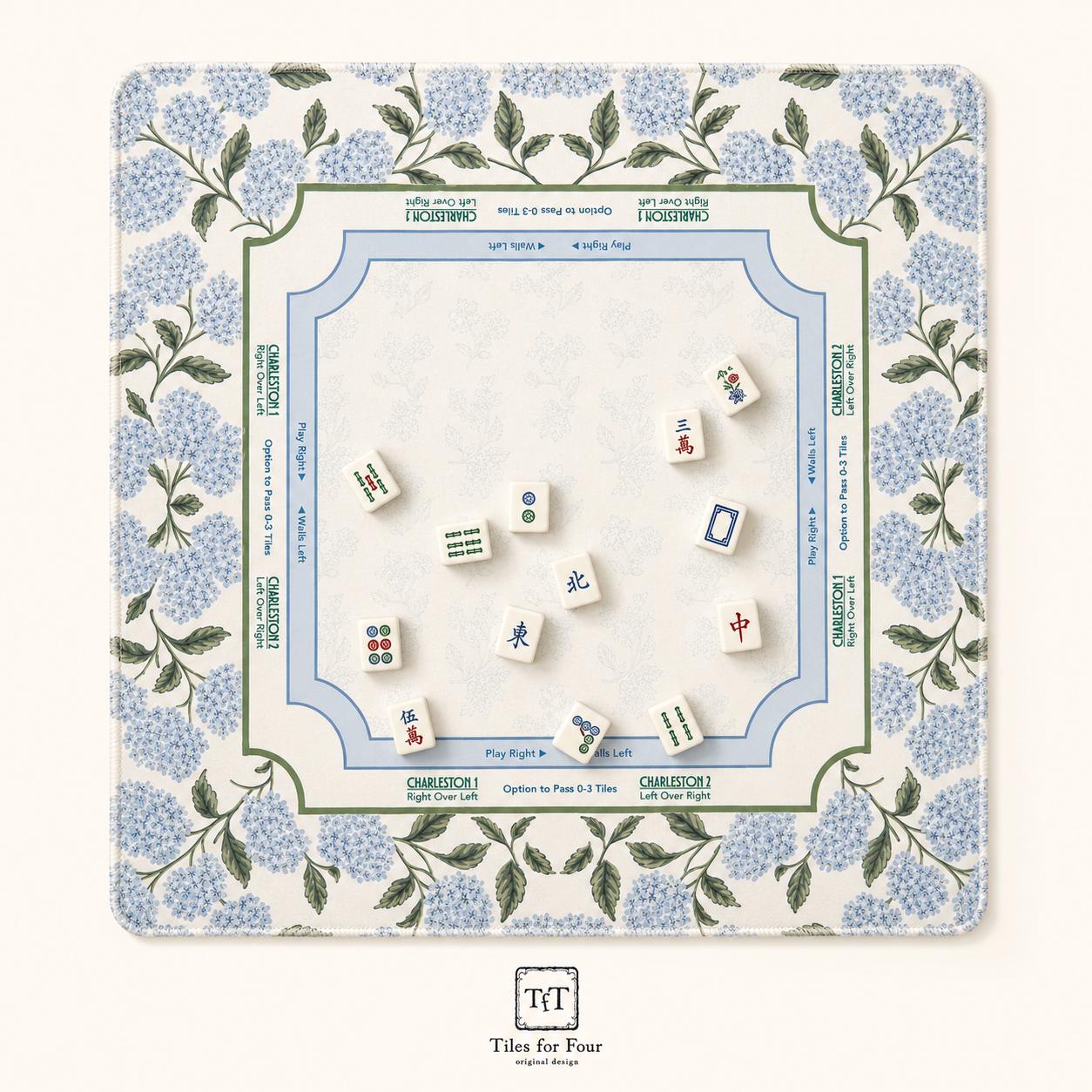 THE HYDRANGEA GARDEN Preppy Floral Mahjong Mat — Blue White Game Night Tile Table Mat, American Mahjong Gift, Mahjong Accessories
