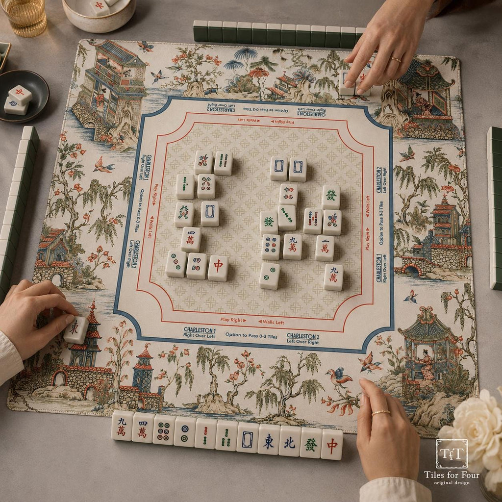 THE WILLOW COURT Chinoiserie Mahjong Mat — Toile Garden Game Mat, American Mahjong Accessories, Mahjong Gift, Ivory Blue Red Table Mat