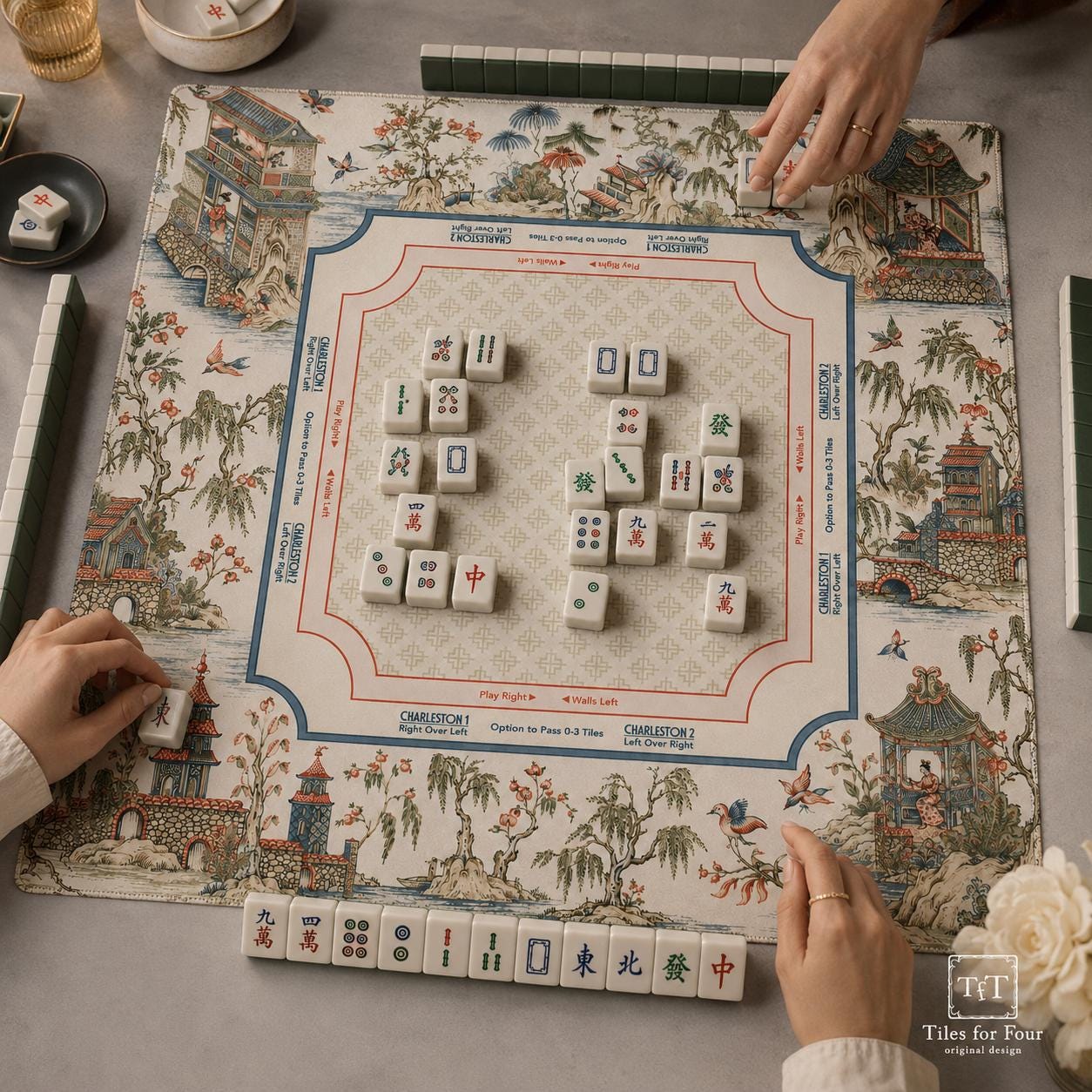 THE WILLOW COURT Chinoiserie Mahjong Mat — Toile Garden Game Mat, American Mahjong Accessories, Mahjong Gift, Ivory Blue Red Table Mat