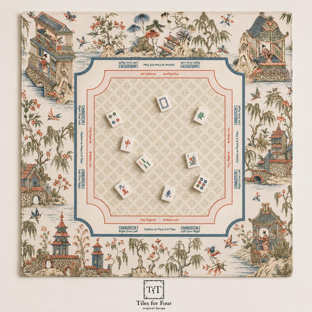 THE WILLOW COURT Chinoiserie Mahjong Mat — Toile Garden Game Mat, American Mahjong Accessories, Mahjong Gift, Ivory Blue Red Table Mat
