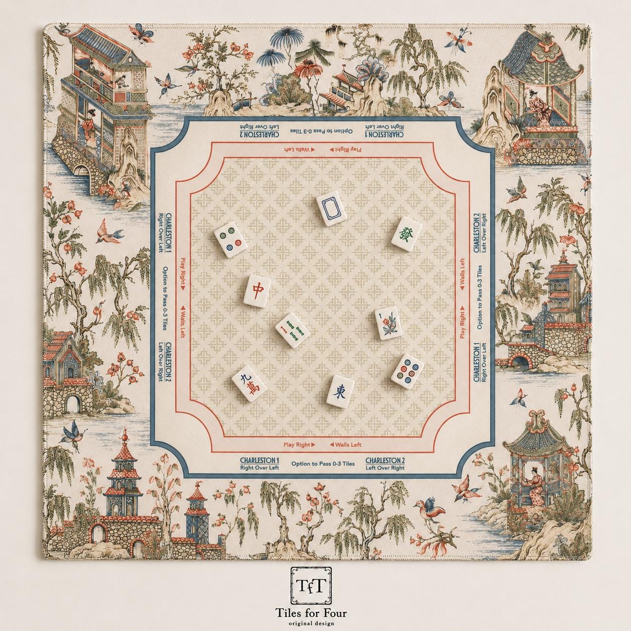 THE WILLOW COURT Chinoiserie Mahjong Mat — Toile Garden Game Mat, American Mahjong Accessories, Mahjong Gift, Ivory Blue Red Table Mat