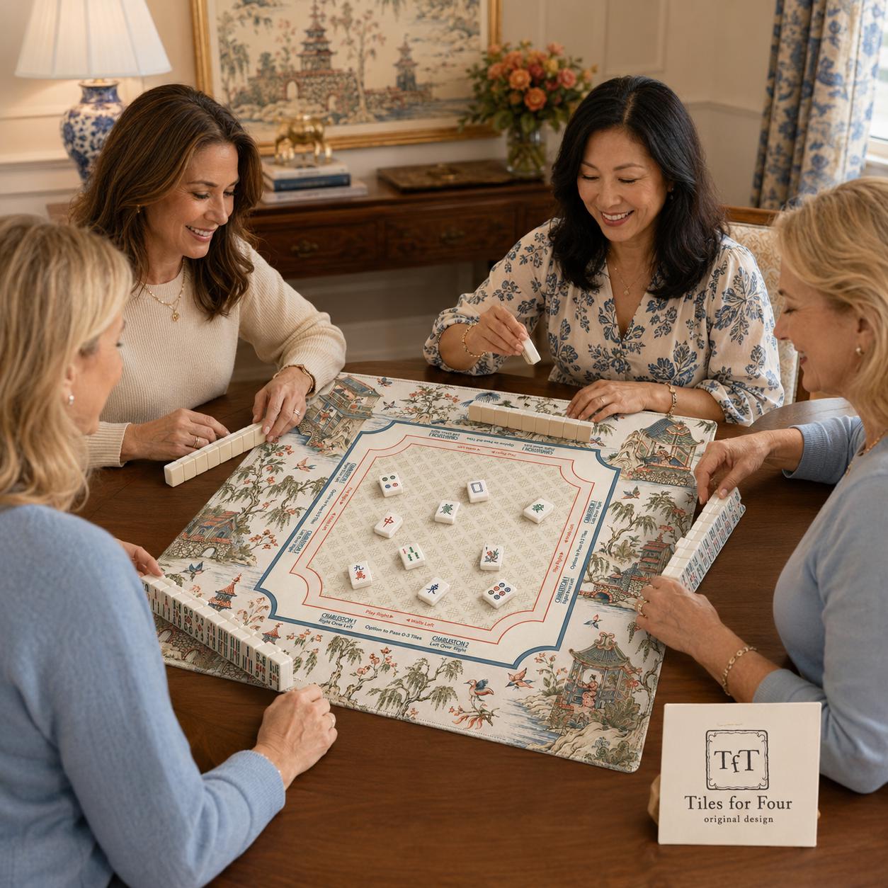THE WILLOW COURT Chinoiserie Mahjong Mat — Toile Garden Game Mat, American Mahjong Accessories, Mahjong Gift, Ivory Blue Red Table Mat