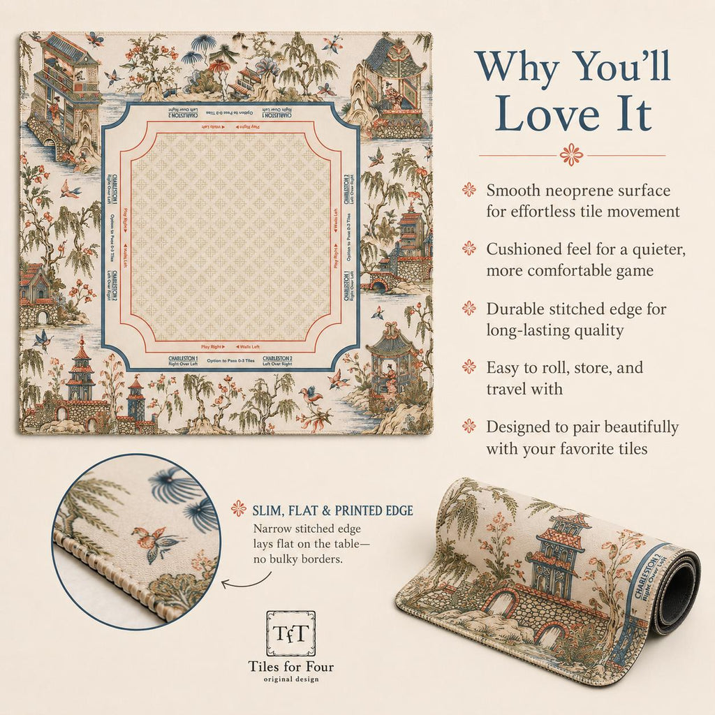 THE WILLOW COURT Chinoiserie Mahjong Mat — Toile Garden Game Mat, American Mahjong Accessories, Mahjong Gift, Ivory Blue Red Table Mat