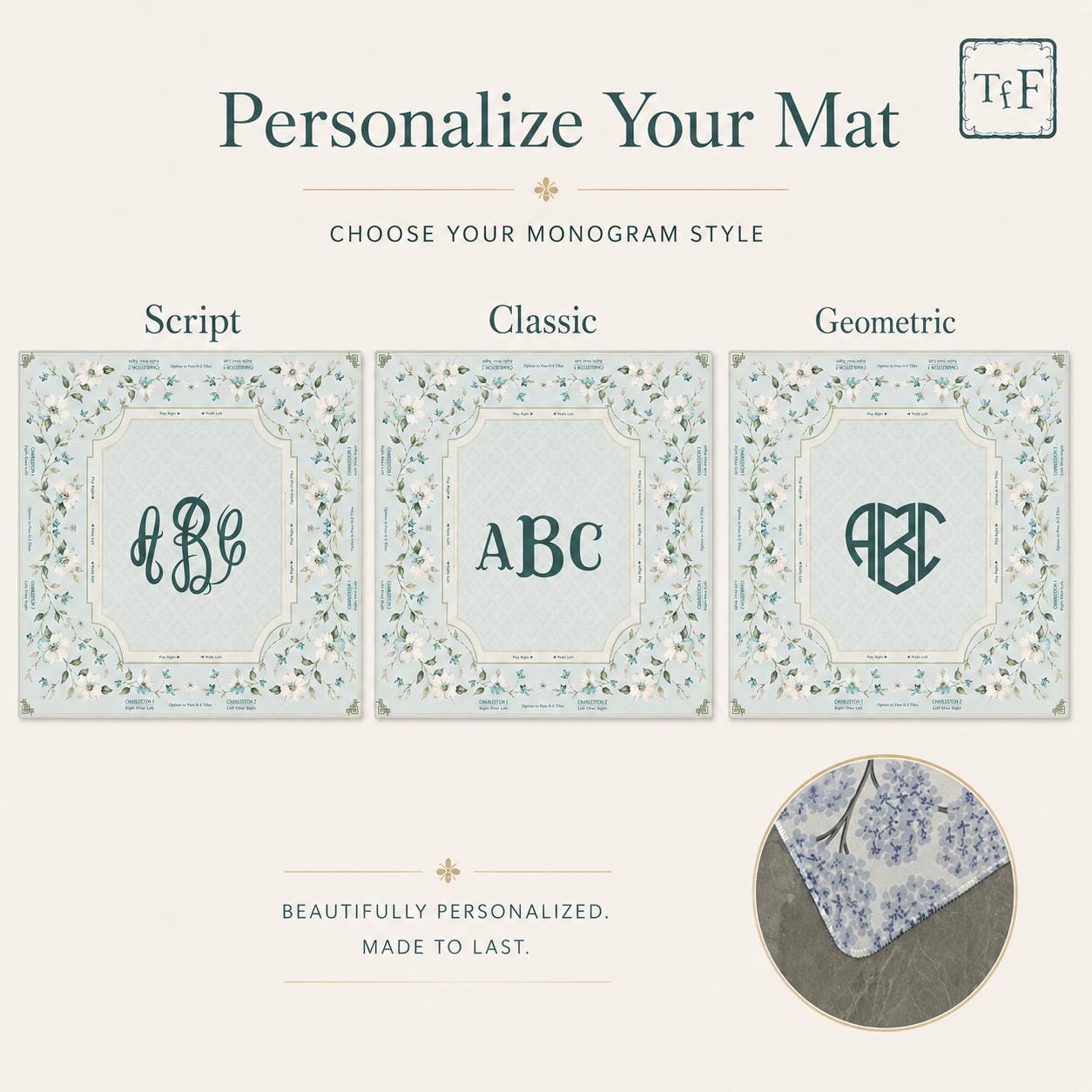 THE DOGWOOD GARDEN Floral Mahjong Mat — Mint Green Game Mat, American Mahjong Accessories, Mahjong Gift, Botanical Mahjong Table Mat