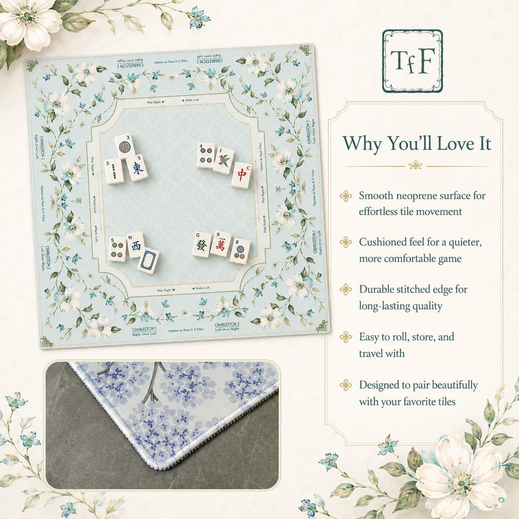 THE DOGWOOD GARDEN Floral Mahjong Mat — Mint Green Game Mat, American Mahjong Accessories, Mahjong Gift, Botanical Mahjong Table Mat
