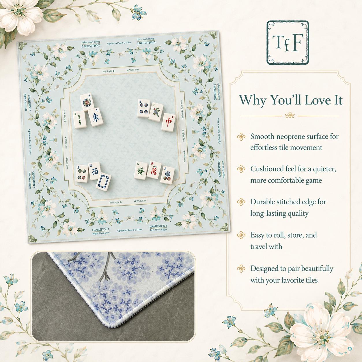THE DOGWOOD GARDEN Floral Mahjong Mat — Mint Green Game Mat, American Mahjong Accessories, Mahjong Gift, Botanical Mahjong Table Mat