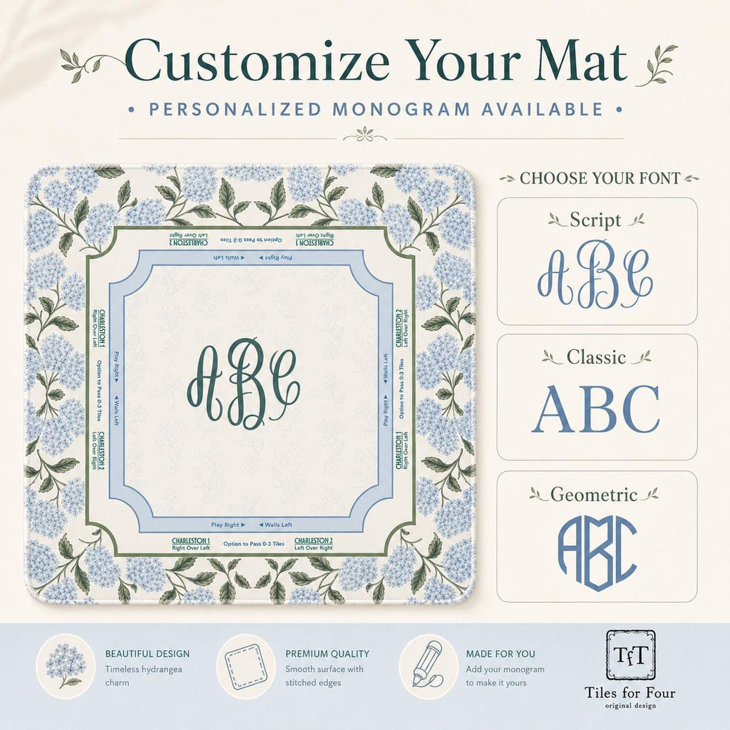 THE HYDRANGEA GARDEN Preppy Floral Mahjong Mat — Blue White Game Night Tile Table Mat, American Mahjong Gift, Mahjong Accessories