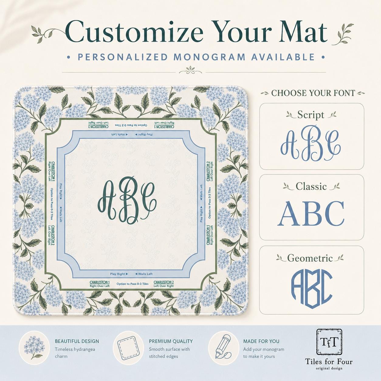 THE HYDRANGEA GARDEN Preppy Floral Mahjong Mat — Blue White Game Night Tile Table Mat, American Mahjong Gift, Mahjong Accessories