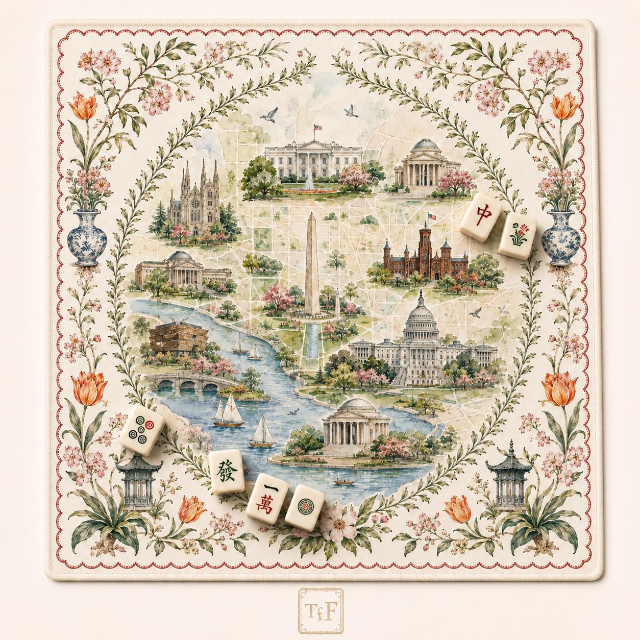 THE CAPITAL GARDEN Mahjong Mat — Floral Map Mat, Game Night Tile Table Mat, American Mahjong Gift, Mahjong Accessories, Preppy Map Mat