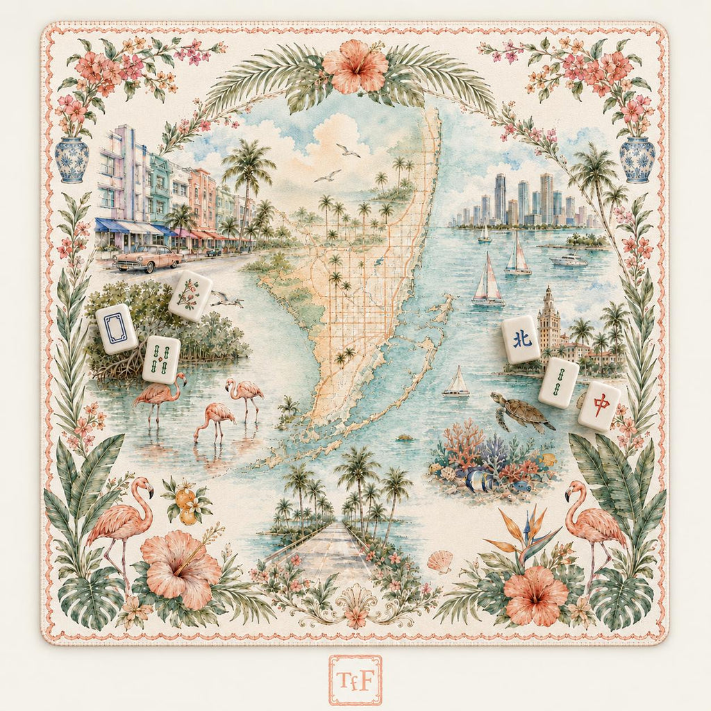 THE MIAMI GARDEN Tropical Mahjong Mat — Flamingo Table Mat, American Mahjong Gift, Mahjong Accessories, Floral Map Mat