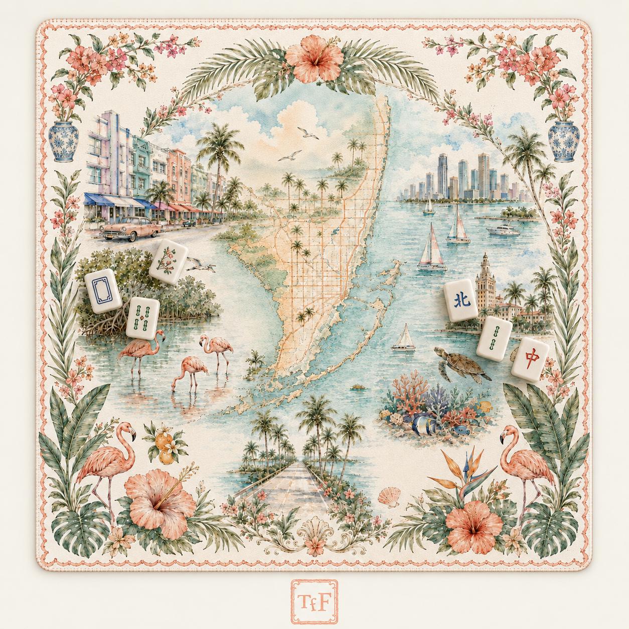 THE MIAMI GARDEN Tropical Mahjong Mat — Flamingo Table Mat, American Mahjong Gift, Mahjong Accessories, Floral Map Mat