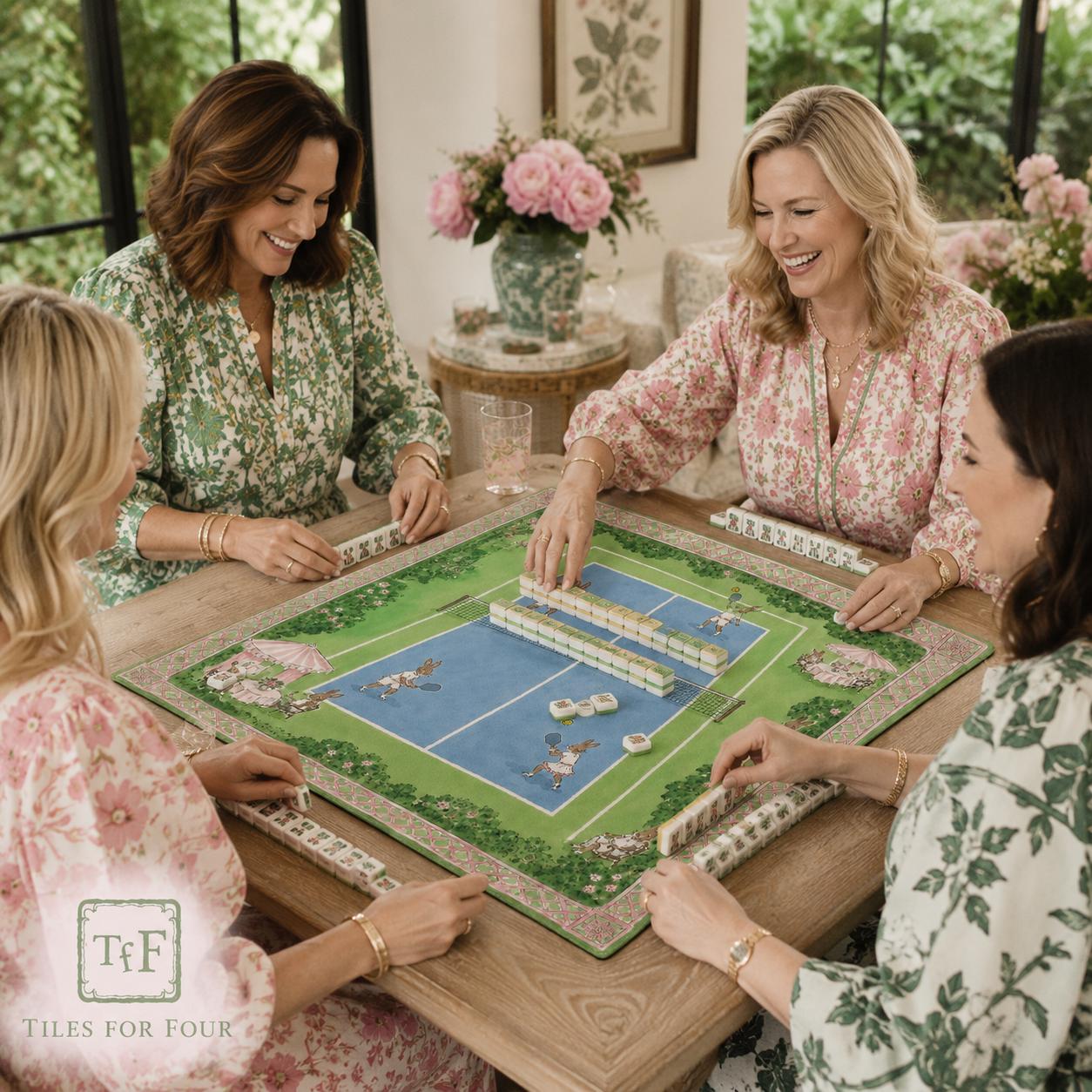 THE POOL CLUB Preppy Bunny Mahjong Mat — Whimsical Game Night Table Mat, American Mahjong Gift, Mahjong Accessories, Green Pink Soccer Mat