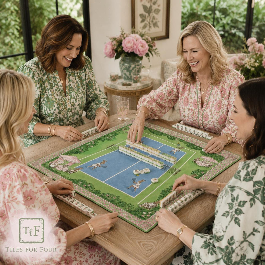 THE SOCCER CLUB Preppy Bunny Mahjong Mat — Whimsical Game Night Table Mat, American Mahjong Gift, Mahjong Accessories, Green Pink Soccer Mat