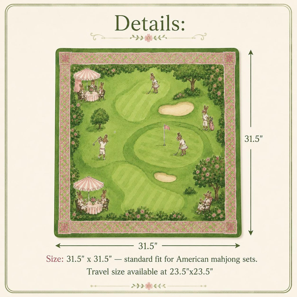 THE GOLF CLUB Preppy Golf Mahjong Mat — Whimsical Game Night Table Mat, Mahjong Gift, Mahjong Accessories, Green Pink Country Club Mat