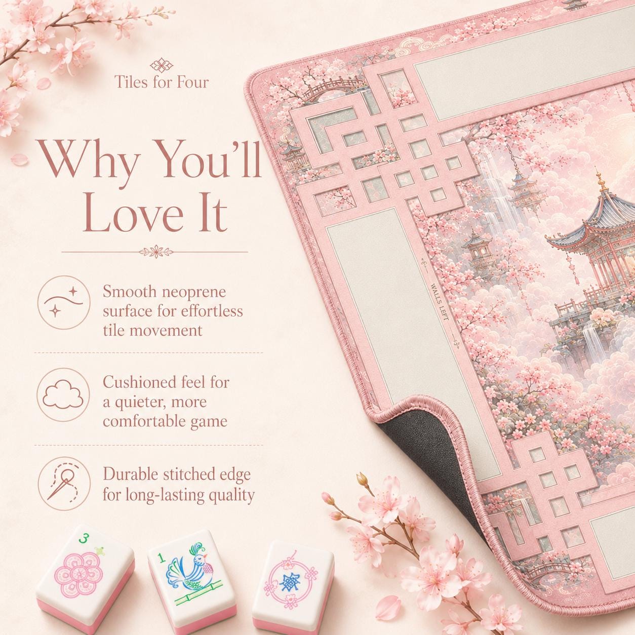 HEAVENLY PAVILION Pink Mahjong Mat — American Mahjong Accessories, Mahjong Gift, Table Game Mat, Floral Mahjong Table Mat