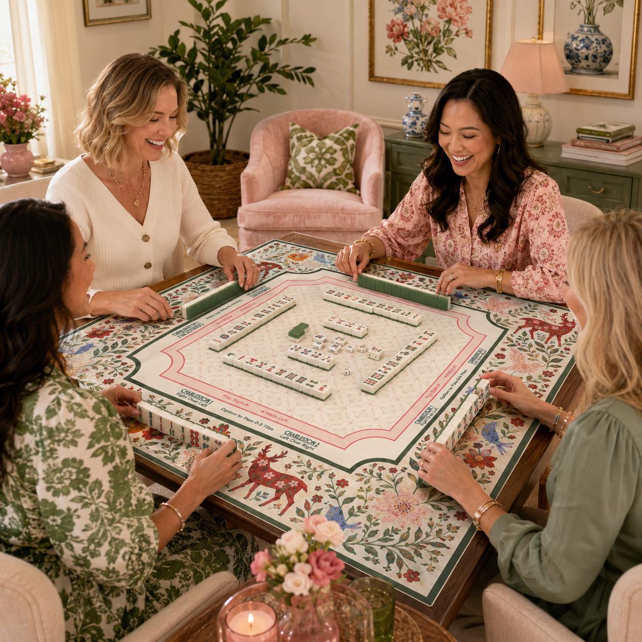 THE RED STAG Folk Art Floral Mahjong Mat — Holiday Game Night Tile Table Mat, American Mahjong Gift, Mahjong Accessories, Red Ivory Mat