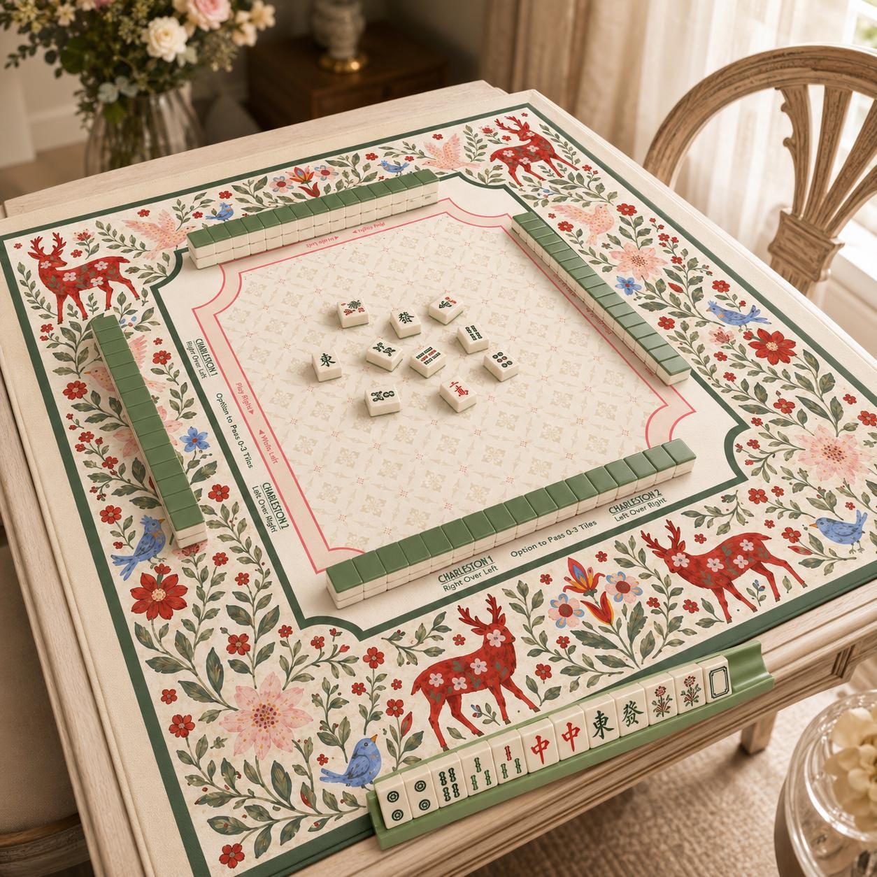 THE RED STAG Folk Art Floral Mahjong Mat — Holiday Game Night Tile Table Mat, American Mahjong Gift, Mahjong Accessories, Red Ivory Mat