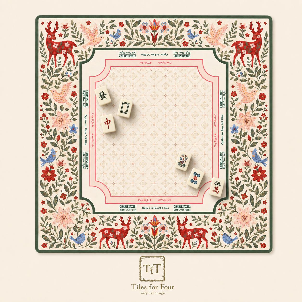 THE RED STAG Folk Art Floral Mahjong Mat — Holiday Game Night Tile Table Mat, American Mahjong Gift, Mahjong Accessories, Red Ivory Mat
