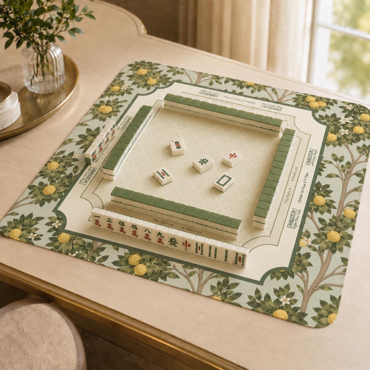 THE ORANGE GROVE Botanical Mahjong Mat — Arts & Crafts Game Night Tile Table Mat, American Mahjong Gift, Mahjong Accessories, Green Gold Mat