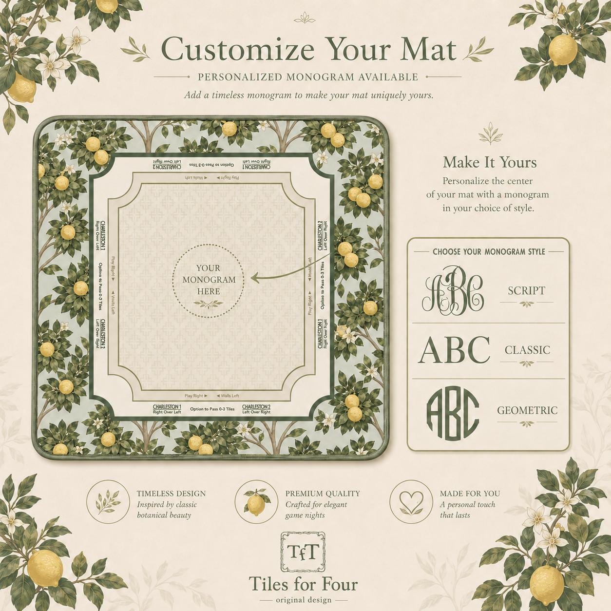 THE ORANGE GROVE Botanical Mahjong Mat — Arts & Crafts Game Night Tile Table Mat, American Mahjong Gift, Mahjong Accessories, Green Gold Mat