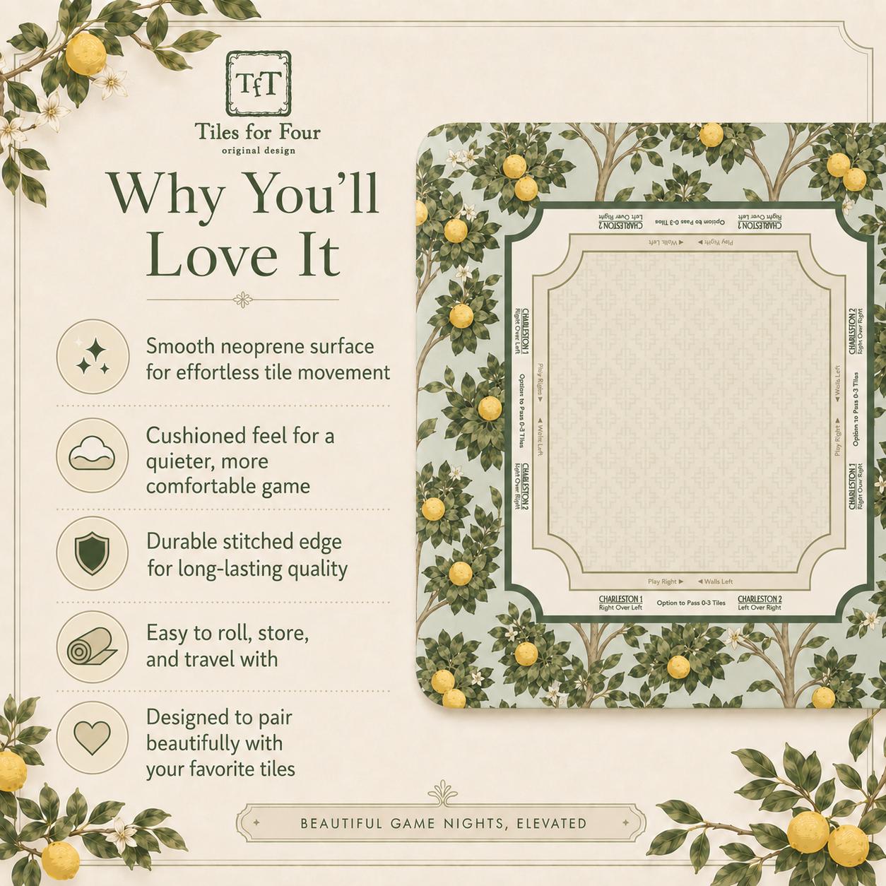 THE ORANGE GROVE Botanical Mahjong Mat — Arts & Crafts Game Night Tile Table Mat, American Mahjong Gift, Mahjong Accessories, Green Gold Mat